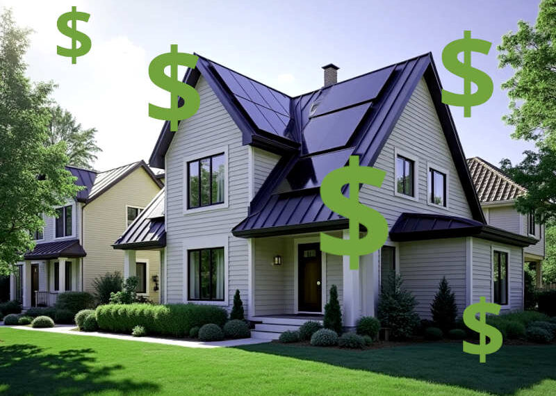 Image of a home with solar panels and dollar signs